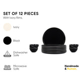 Ceramic Dinner Set Of 12 Pcs, Black Rim | Crockery Set For Dining Table - Dining Sets Crockery Items | Glossy Finish Premium Stoneware | 6 Dinner Plates + 6 Veg Small Bowls, 180ml Each